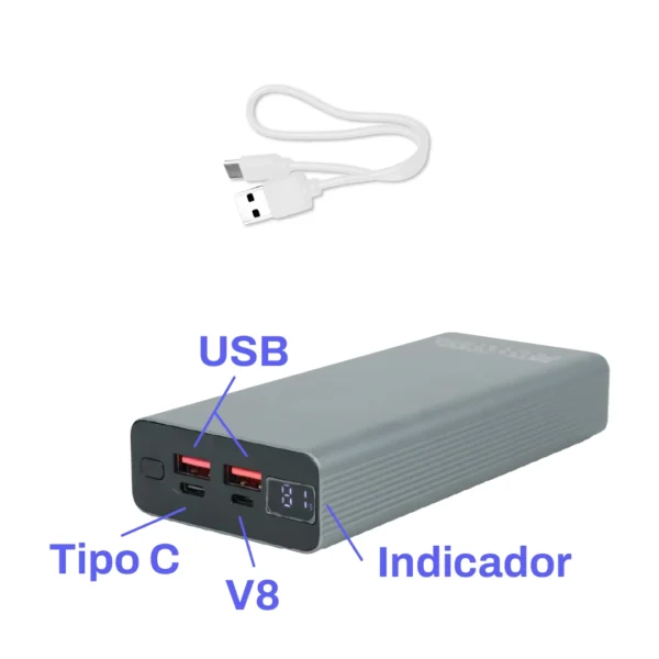 1764779700TF001_1 Batería Portátil Power Bank 20.000 mAh Metálica con Múltiples Puertos USB, Tipo C y V8